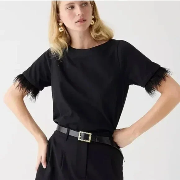 J.Crew Mariner jersey cropped boatneck T-shirt with feathers - Picture 1 of 9